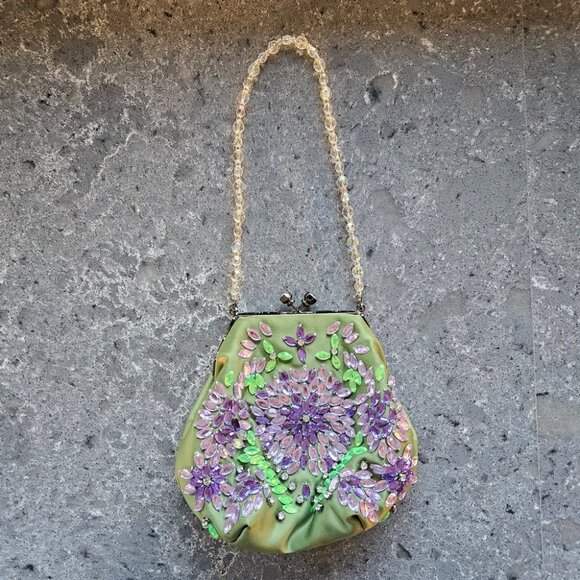 Vintage Green Floral Beaded Evening Bag - Picture 1 of 10